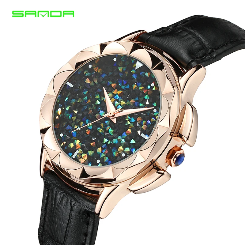 Bling Kleurrijke SANDA люкс Lederen Quartz Horloge Vrouwen Klok Vrouwelijke Dames Jurk Horloge Gift Goud Relojes Mujer Saat