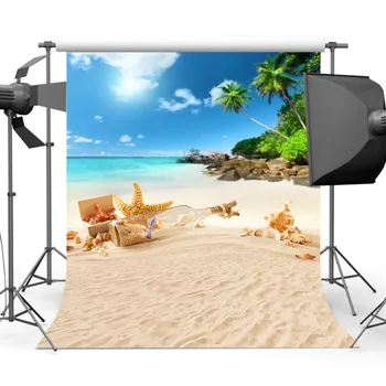 

Mehofoto Summer Sandy Beach Background Photography Blue Sky Sea Starfish Shell Conch Cocount Tree S-555