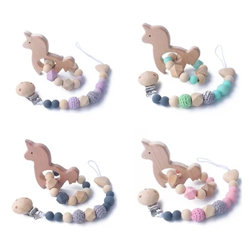 

2Pcs/Set Baby Teether Teething Bracelet Natural Wood Silicone Beads Hand Weave Teether Pacifier Clips Chain Set For Toys Soother