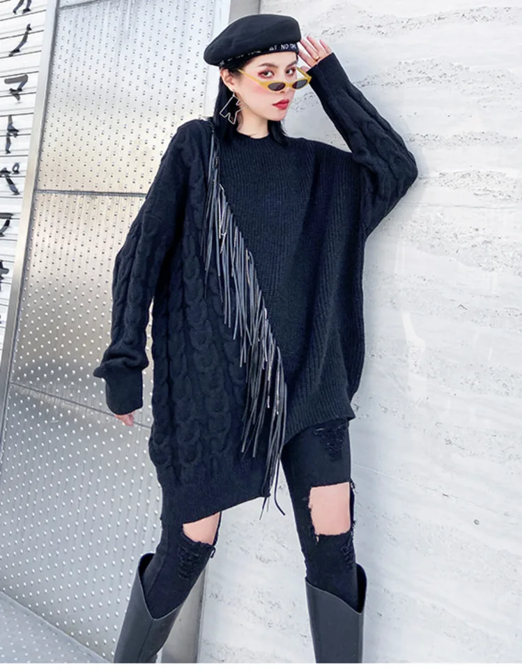 MEVGOHOT женский черный свитер с кисточками размера плюс, Осень-зима, модный свитер, HD3445