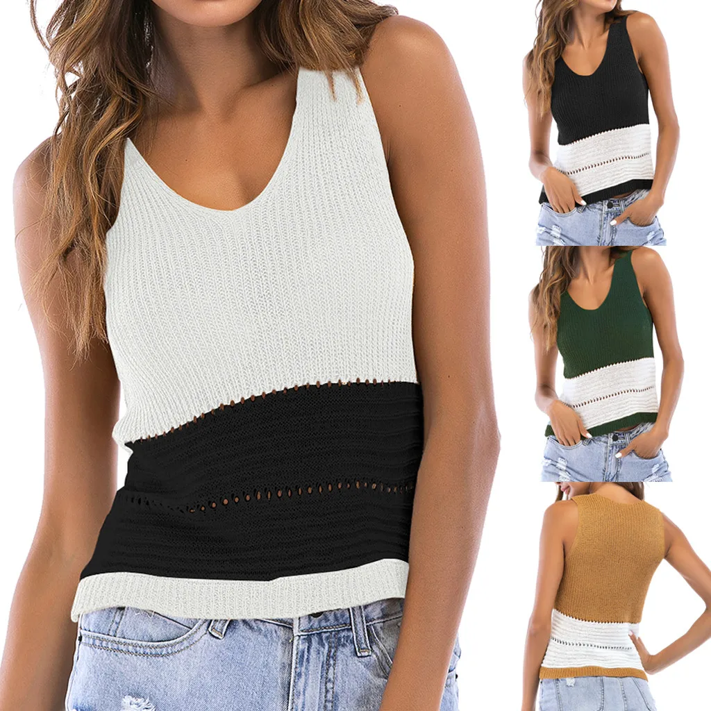 Тонкая трикотажная Женская майка без рукавов в полоску на бретельках, топы без бретелек с вырезами, Лоскутная футболка на бретельках, Топ для женщин