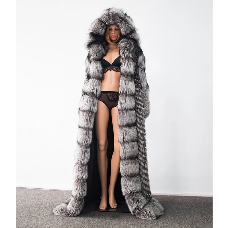 FURSARCAR 2021 New Luxurious Real Natural Silver Fox Fur Coat Women Winter Real Fur Outerwear Plus Size 130cm Long Fur Jacket