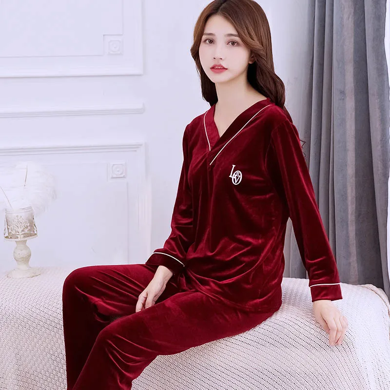 Женская одежда для сна домашняя из 2 предметов бархатные пижамы золотого цвета с