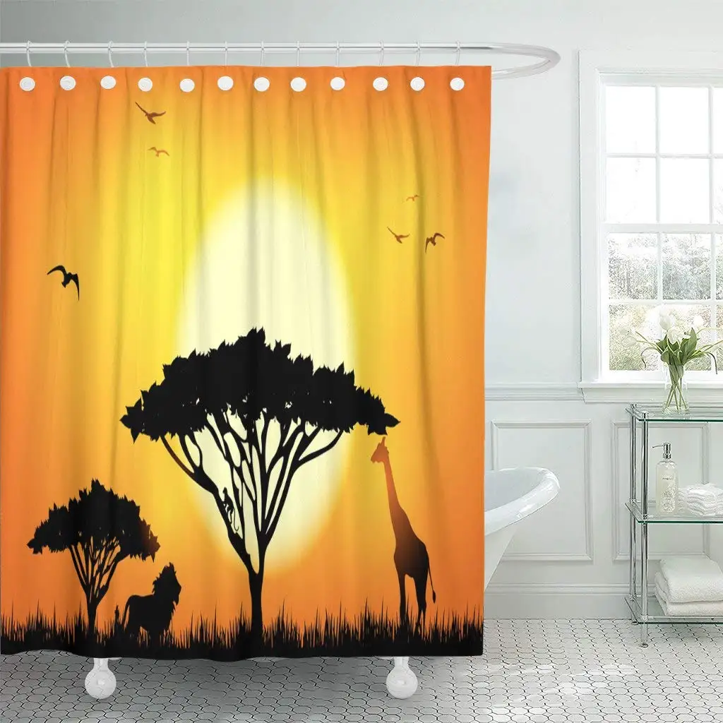 

Fabric Shower Curtain Curtains with Hooks Orange Silhouette African Savannah Landscape with Trees Animals at Sunset Lion Sunrise