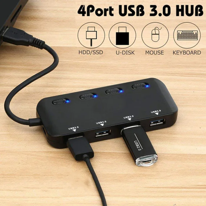 USB 3,0 концентратор сплиттер удлинитель 4 порта USB концентратор данных с индивидуальный переключатель светодиодный свет EM88