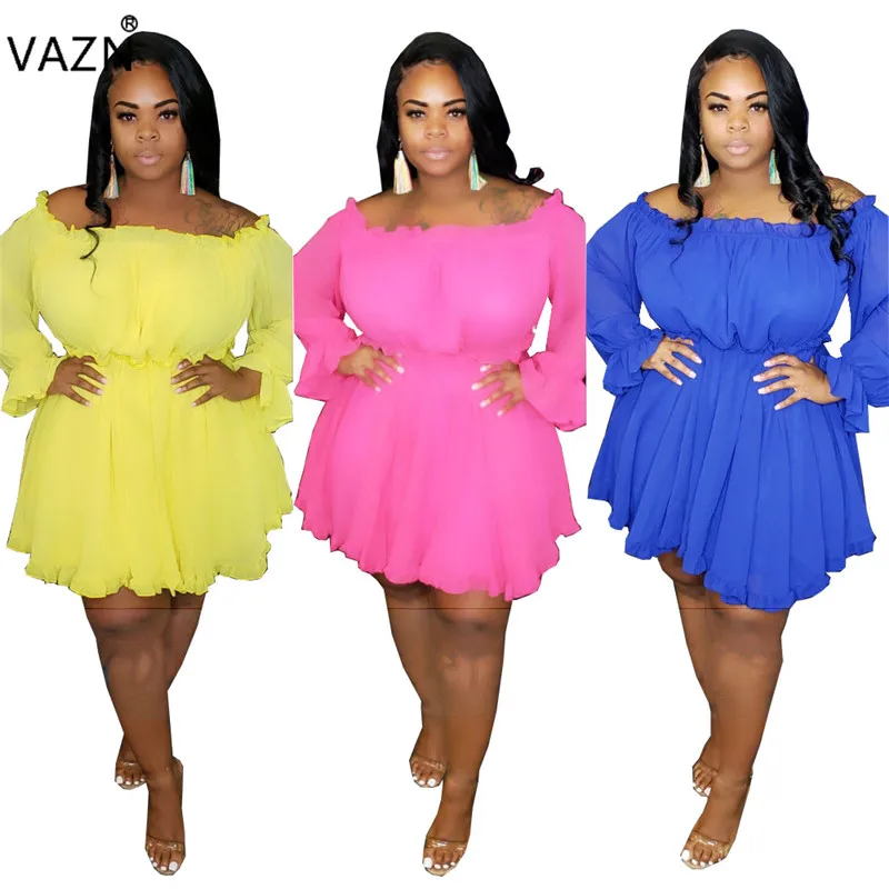 

VAZN YF-1034 new product 2019 summer sexy lady 3colors mid dress full sleeve solid dress sexy lady streetwear slash neck dress