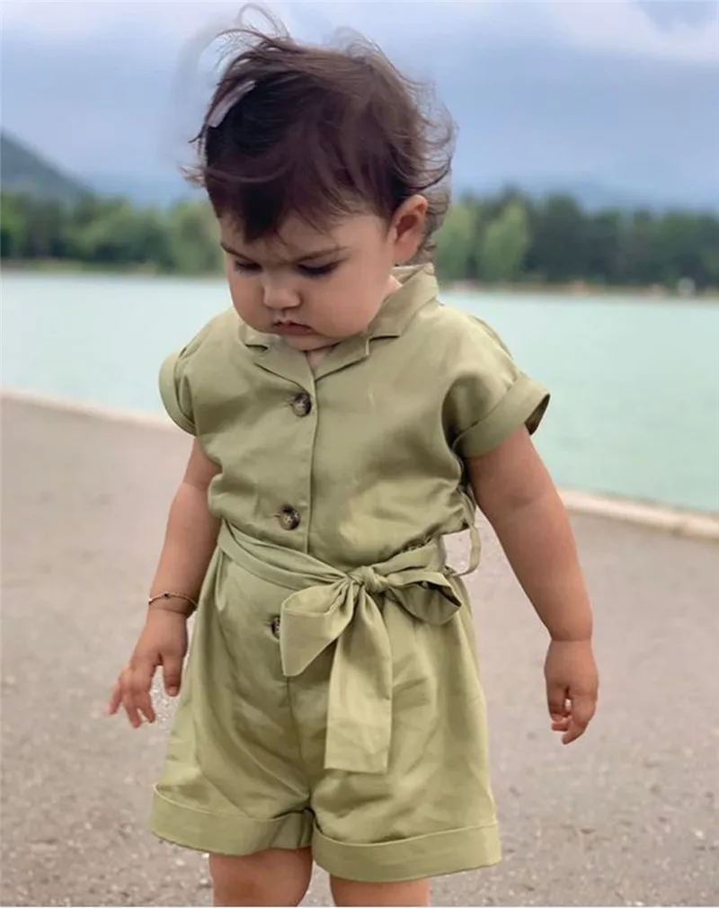 

CANIS casual Toddler Kid children clothes Baby Girls Romper short sleeves Clothes with belt turn-down collar Outfits Set Summer
