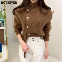 BGTEEVER уличная одежда с боковыми пуговицами, женский свитер со стоячим воротником, длинный рукав, Женский вязаный кардиган, Осень-зима, открытая строчка