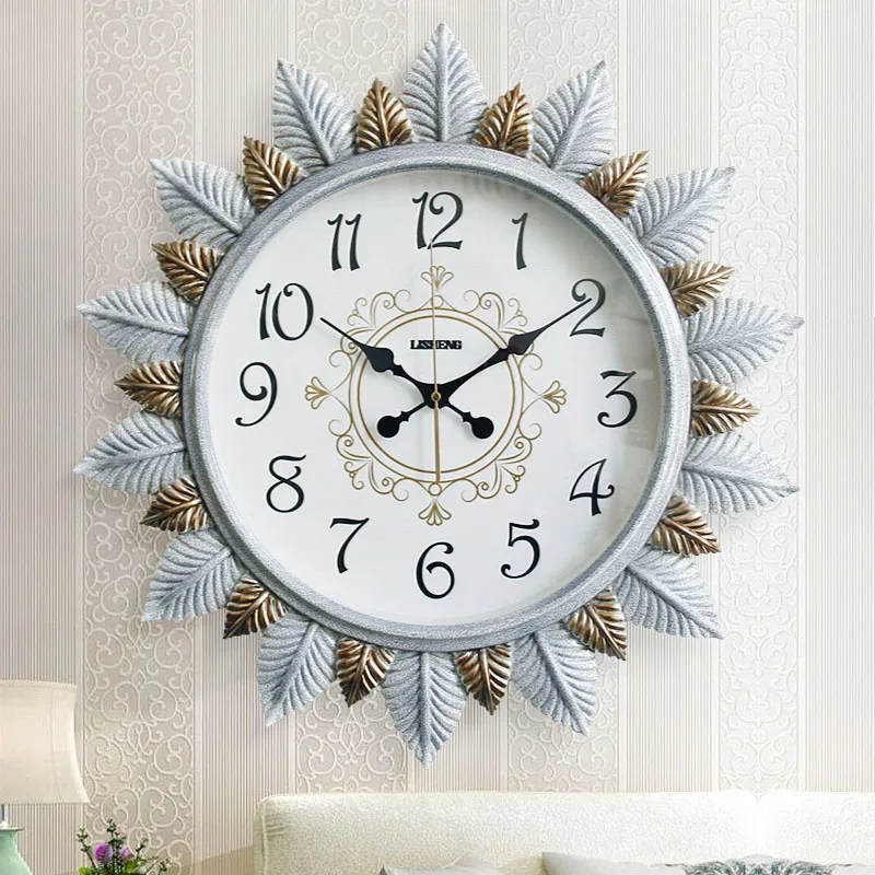 Copper Color Round Mute Large Wall Clock Retro Leaf Shape Clock Z01052-3  