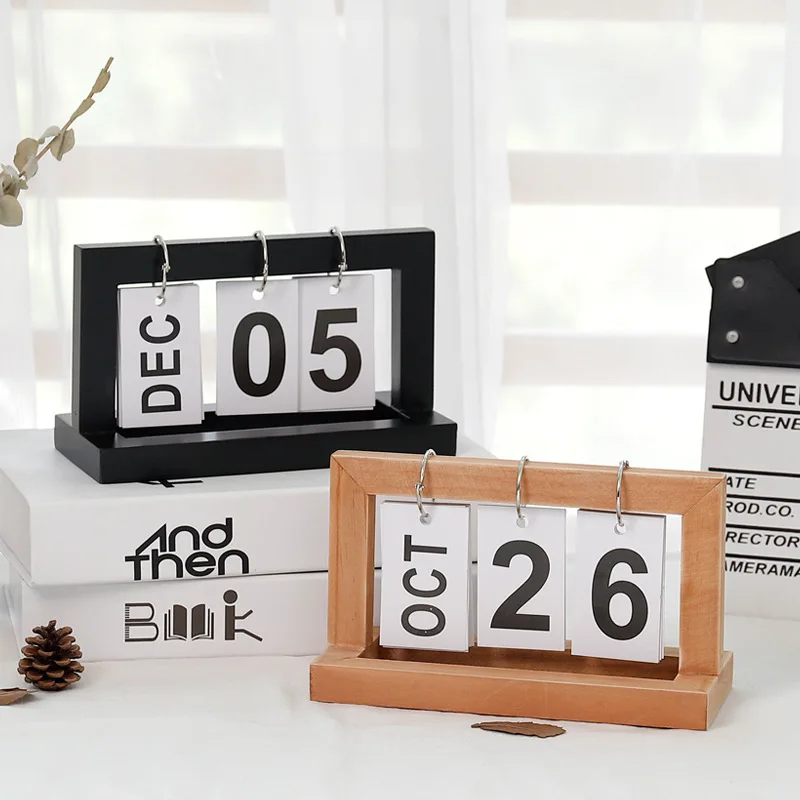Piccolo calendario da scrivania in legno nero calendario in legno stile vintage Calendario da tavolo in legno per la decorazione dell'ufficio domestico