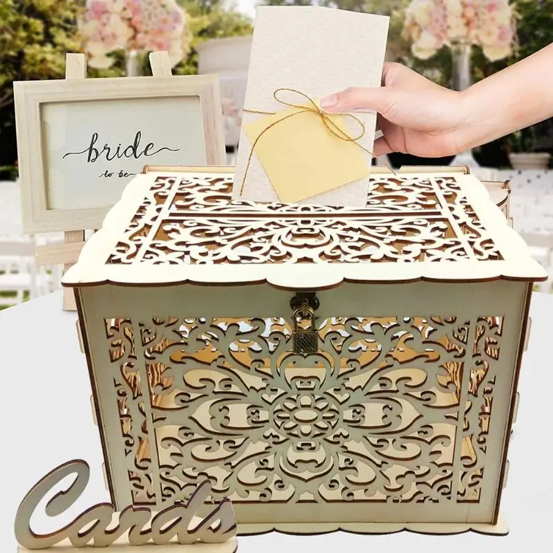  DIY Wooden Wedding Cards Storage Box Invitation Letter Case Party Supplies Money Box with Lock for  - 4000470683769