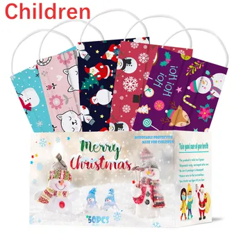 

50pcs Christmas Mask Disposable Face Mask For Child 3-layer Breathable Dustproof Protective Kids Mask Navidad Fast Delivery