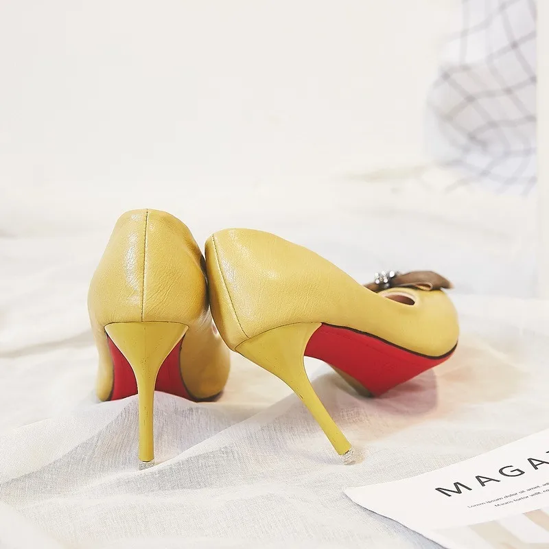 8,5 см; желтые лакированные туфли-лодочки на высоком каблуке; офисные туфли; женские элегантные свадебные туфли на тонком каблуке с острым носком и бантом; zapatos mujer; обувь