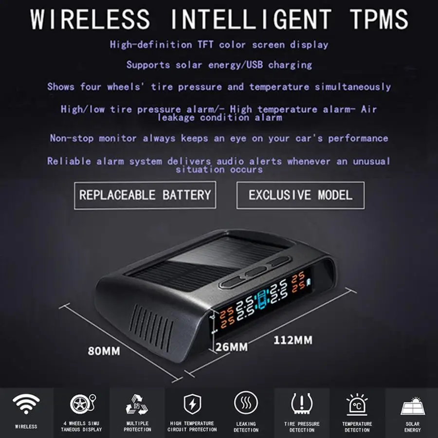Автомобильная система контроля давления в шинах на солнечной энергии TPMS, цифровой ЖК-дисплей с 4 датчиками, давление в шинах