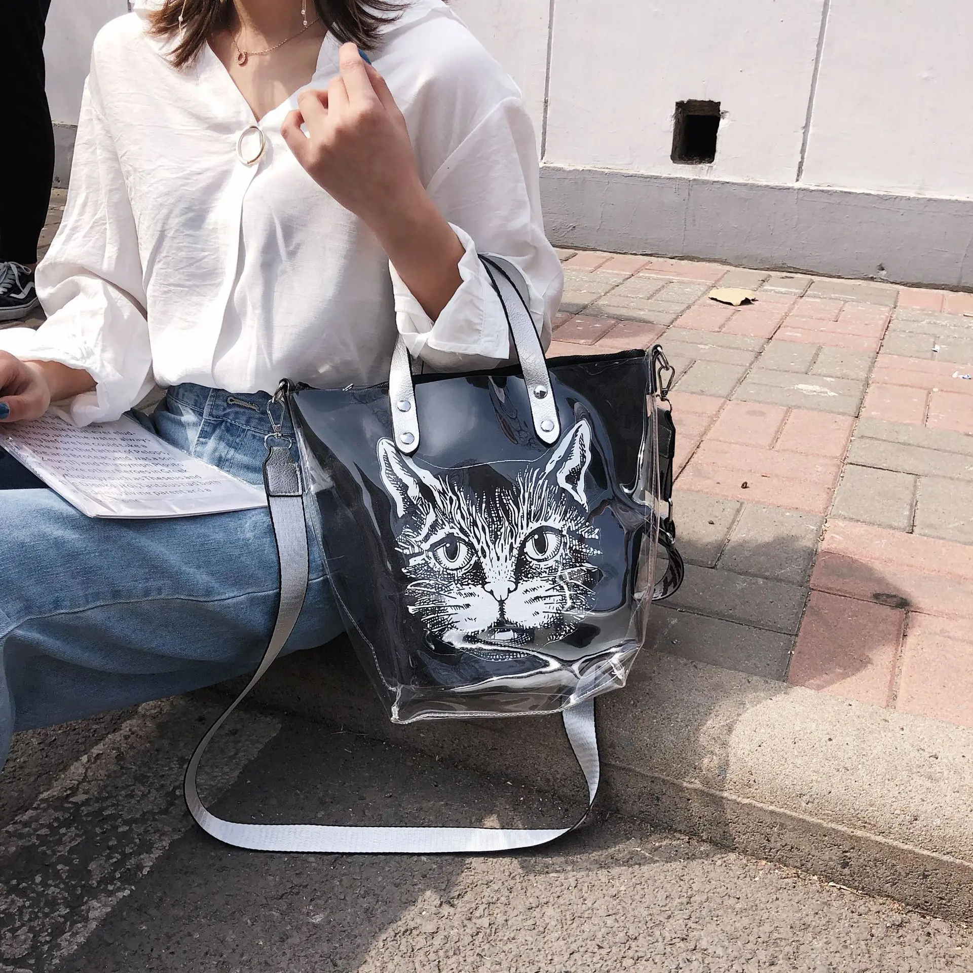 

New Style Trend of Fashion Cat Head Printed Waterproof Plastic Canvas Hand Large Bag Korean-style Simple Crossbody Bag