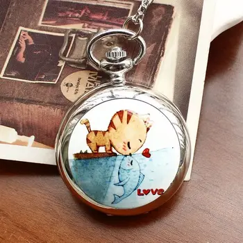 

Fashion Style Men and Women Pocket Watch Quartz Stainless Steel Pocket Watch Fashion Cat Love Fish Ceramic Rattan Pocket Watch