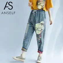 Винтажные женские джинсы, Свободные повседневные потертые штаны-шаровары, эластичная резинка на талии, джинсы из денима, принт с собачкой из мультфильма, женские брюки на шнурке