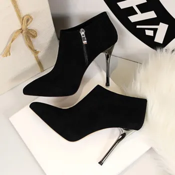 

Spring/autumn Fashionable simple and super-heeled women's boots pointed suede sexy nightclubs are thin and bare boots Женские
