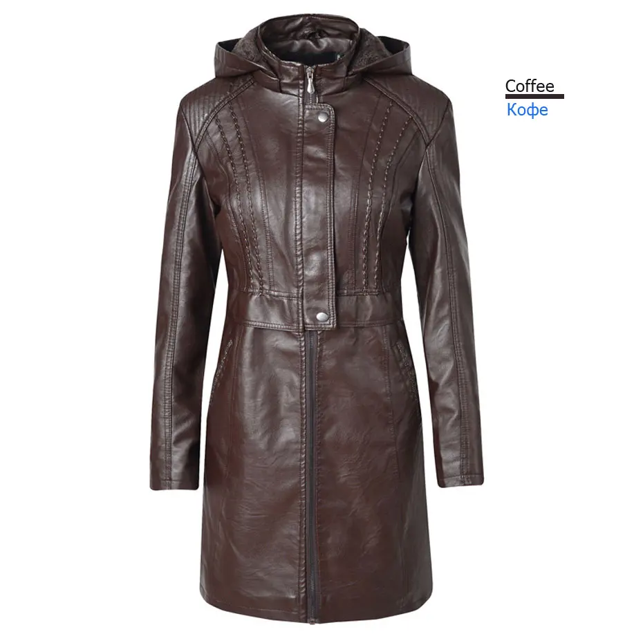 Hoodie Thick Fleece Long Leather Jacket Women's Winter Coat Warm Moto Outwear jaquetas couro veste cuir femme chaqueta mujer