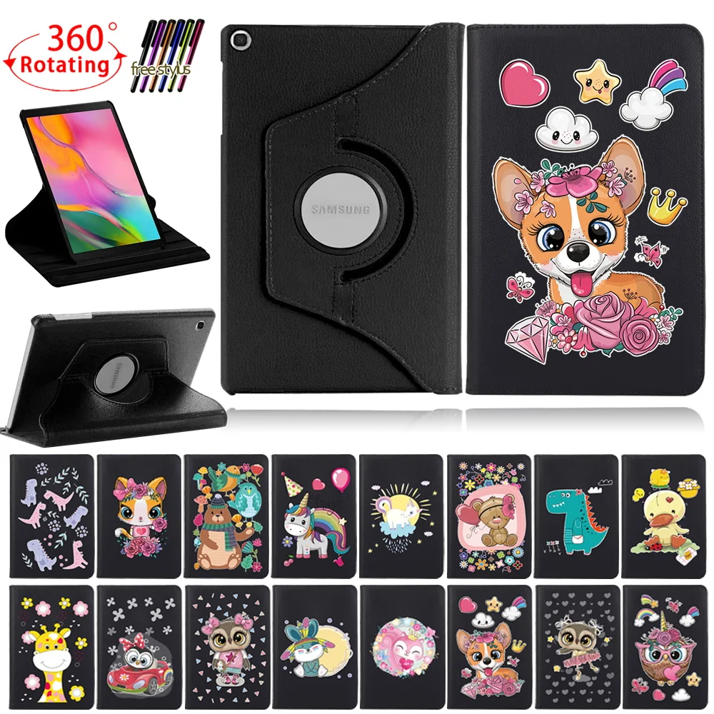

For Huawei MediaPad T3 10 9.6"/MediaPad T5 10 10.1" Cartoon Leather Rotating Stand Tablet Cover Case +pencil