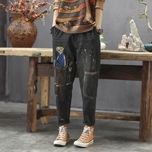 Женские джинсы деним брюки большие свободные вышивка мультфильм отбеленные Ретро Винтажные модные повседневные для осени AZ42203919