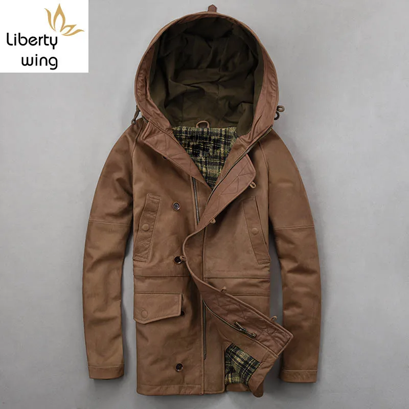 

Top Quality Men Natural Cowhide Long Jacket Vintage Hoody Genuine Leather Coat Slim Fit Motorcycle Windproof Jackets 3XL