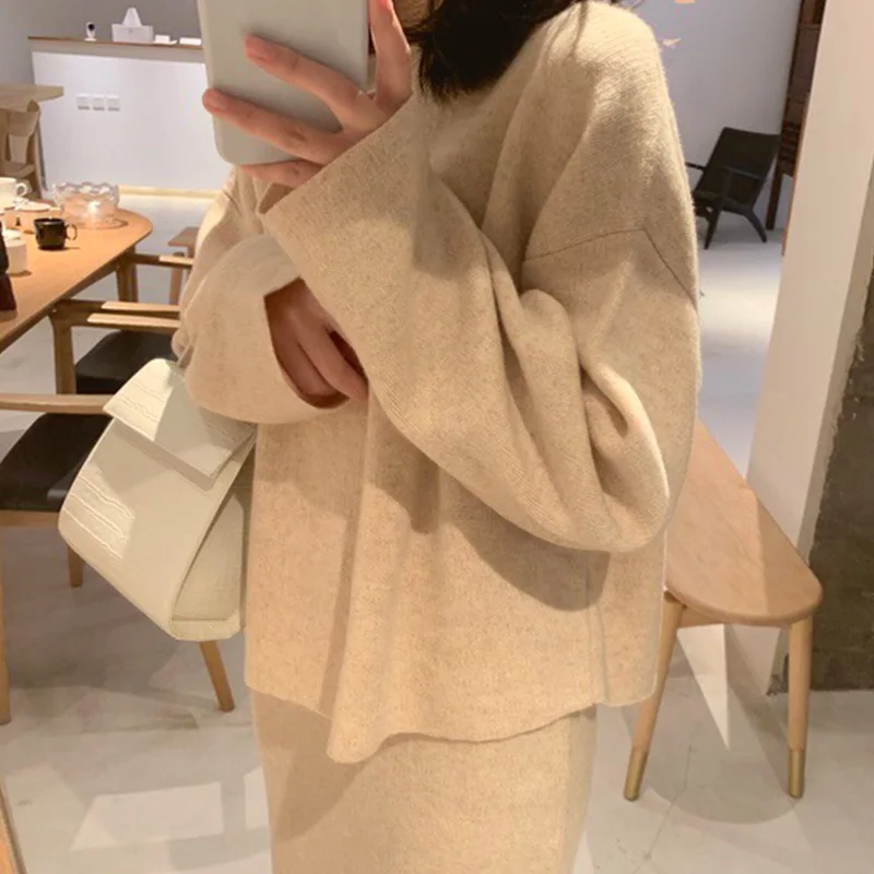 Oatmeal Color Женский кашемировый свитер, комплект из 2 предметов, Вязаные Пуловеры и юбка, комплекты из двух предметов, женская мода, весна-осень, элегантный женский комплект из двух предметов - Цвет: Oatmeal Color