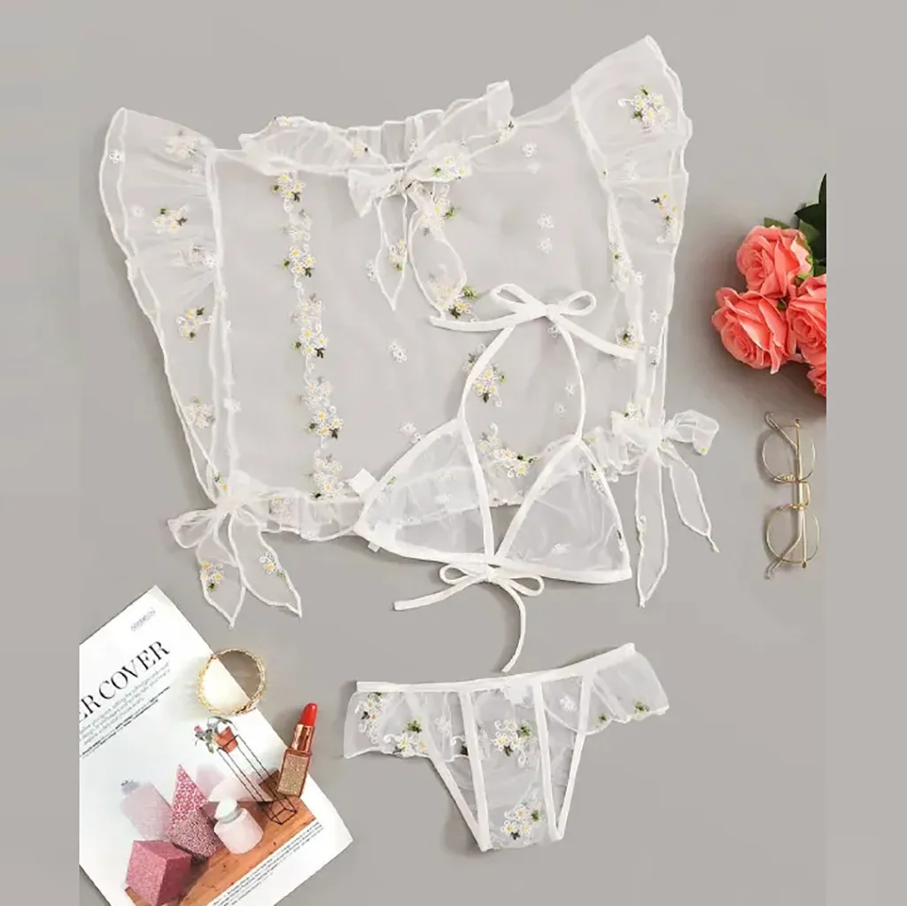Женское нижнее белье, сексуальное белье в стиле babydoll, Цветочная вышивка, Кружевное Белье для сна, эротические Топы+ трусы+ бюстгальтеры, комплект, сексуальная пижама