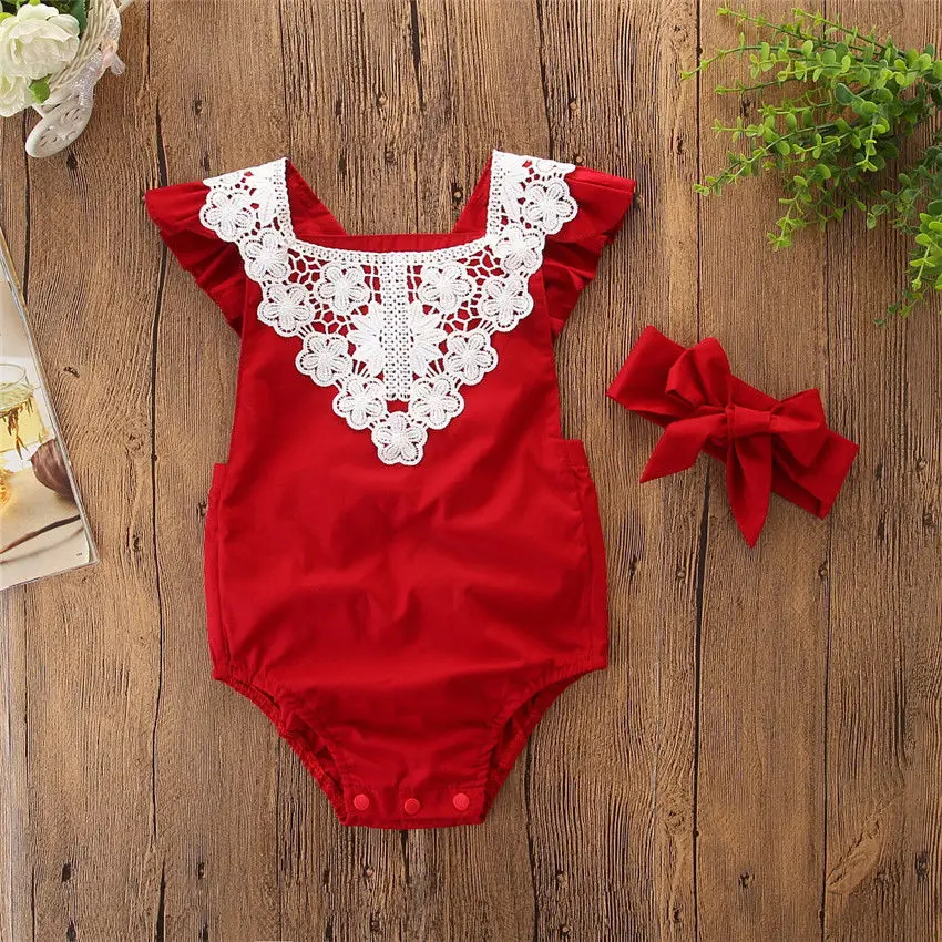 

Red color Solid Ruffed Short sleeve Lace Bodysuit For Baby Girls