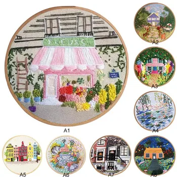 

European Style DIY Handmade Full Range Of Embroidery Starter Kit With Bamboo Embroidery Hoop Cross Stitch For Beginners