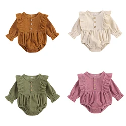 Barboteuse décontractée en velours côtelé à manches longues pour bébé fille,combinaison avec fermeture à boutons, vêtement de couleur unie, pour nouveau né, collection printemps et automne, 