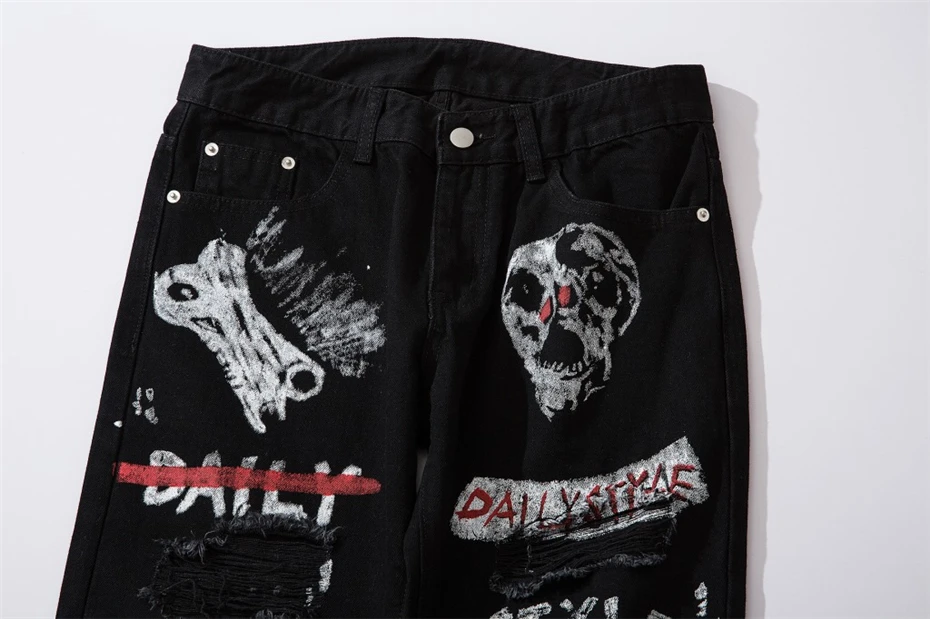 Новые обтягивающие мужские джинсы Уличная рваные джинсы черные Homme хип хоп сломанные граффити Печать узкие джинсовые штаны с дырками WG560