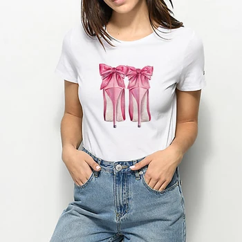 

New T shirt Women Kawaii Print Tee shirt High Heeled Shoes Aesthetic Ropa Mujer Loose T-shirt Harajuku Cute Cartoon Tshirt
