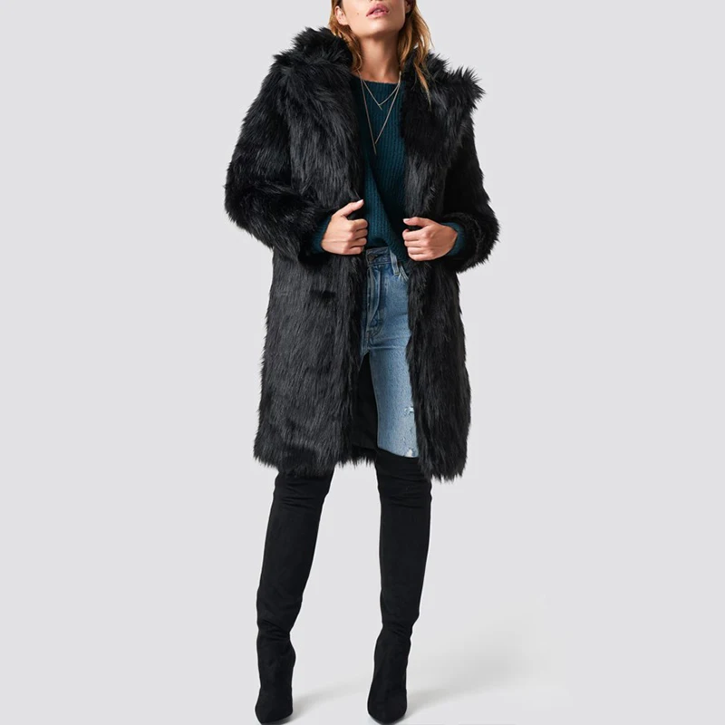 Зимнее пальто женская искусственная Меховая куртка пальто чистый цвет пушистое пальто из искусственного меха зазубренный воротник длинный рукав теплая верхняя одежда плюс размер