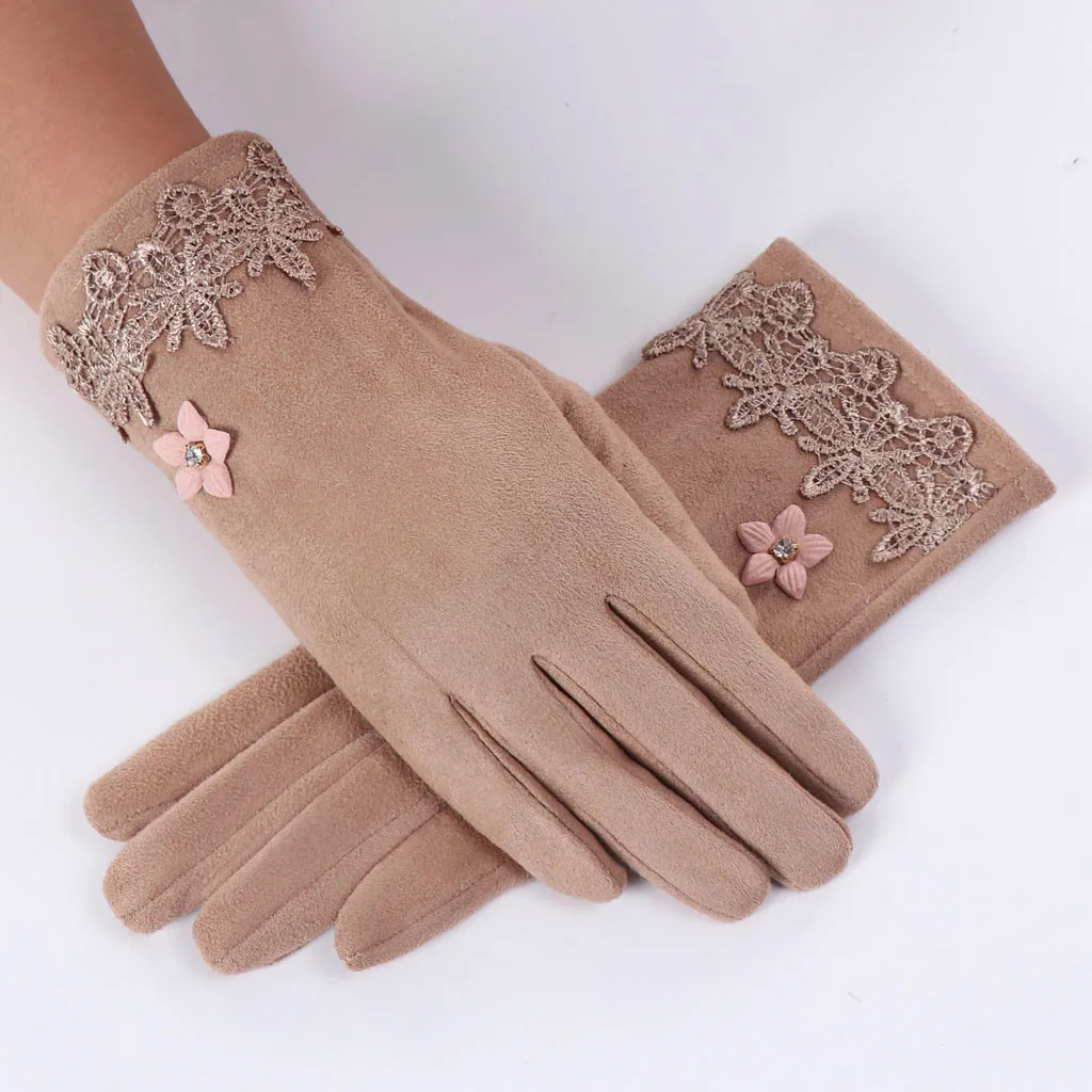 Цветочные кружевные Зимние перчатки для женщин и девушек, теплые флисовые перчатки, утепленные варежки Guantes Invierno, женские перчатки, Gants Femme