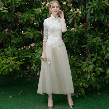 

Lace Sleeve Embroidery Flower Chinese Style Wedding Dress Novelty Mandarin Collar Qipao Vintage A-Line Cheongsam Vestidos