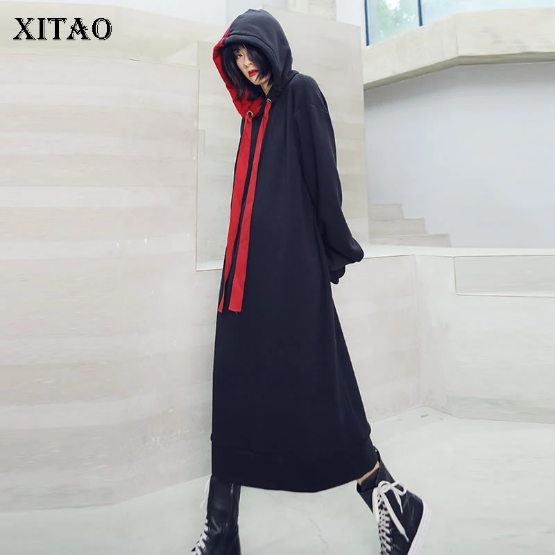 XITAO, женское платье на завязках, женская мода, новинка, Осеннее, с капюшоном, с воротником, длинное, плиссированное, Ретро стиль, богиня, веер, повседневное платье, DMY1069