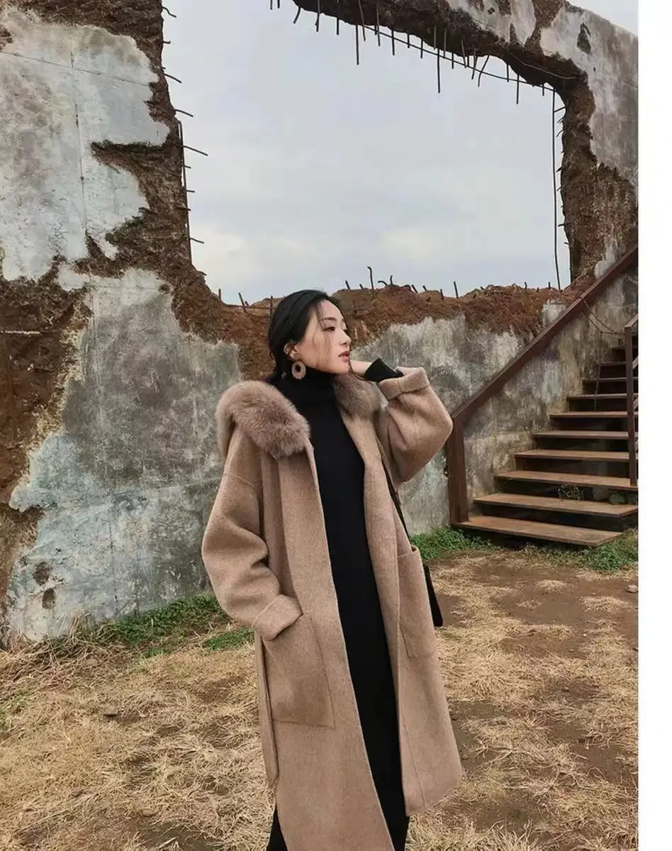 Роскошное шерстяное пальто с капюшоном и воротником из лисьего меха, тонкое шерстяное пальто с открытым стежком и карманами, женское длинное пальто