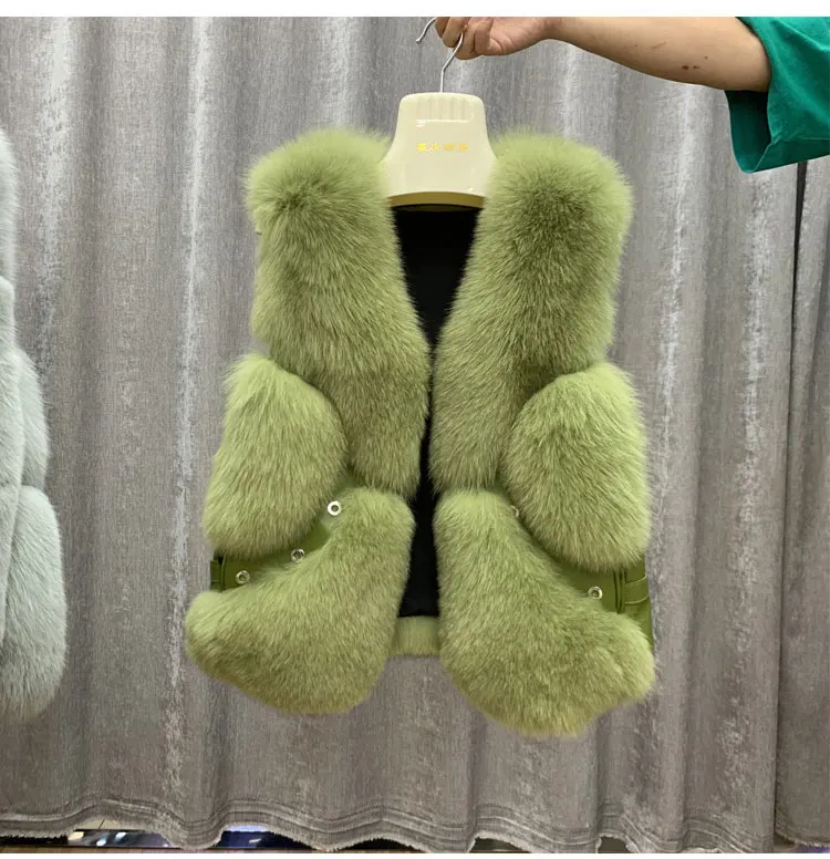 light green Новинка, женский жилет, модная шуба из натурального Лисьего меха, Женская куртка, безрукавка, женский зимний теплый жилет из натурального меха, жилет - Цвет: light green