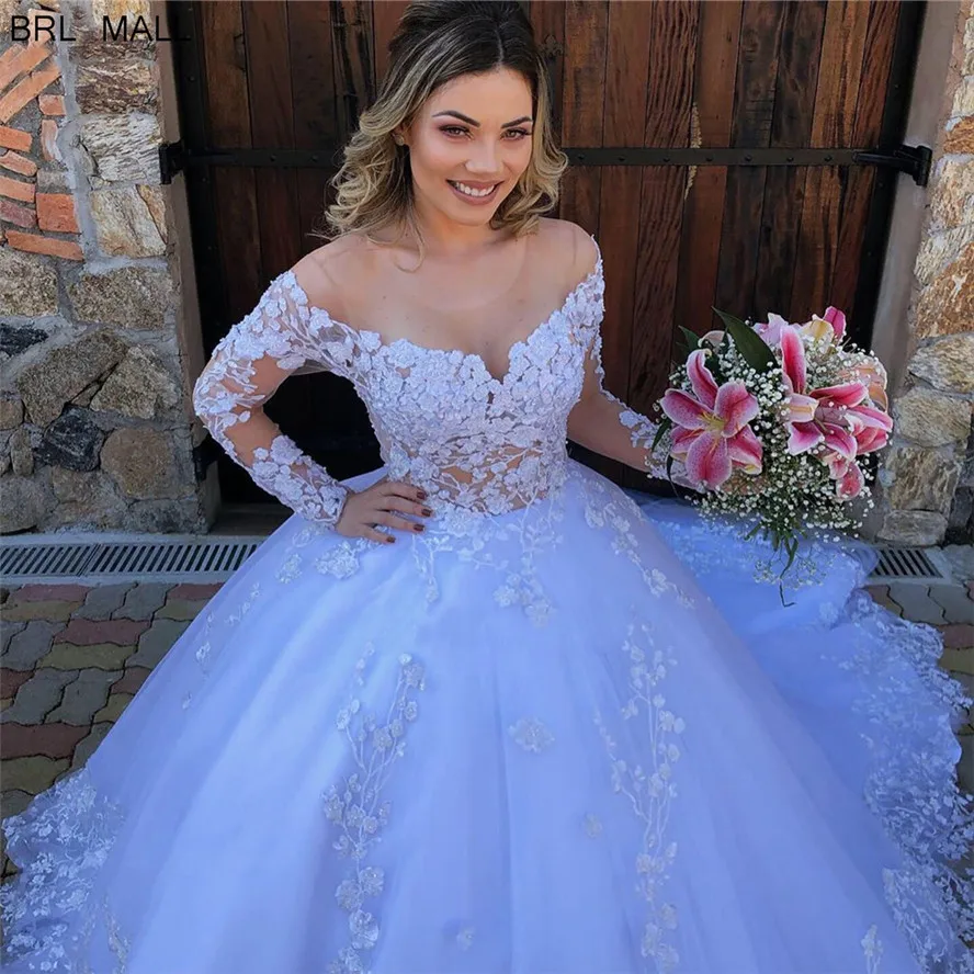 Robes de mariée прозрачная одежда с длинным рукавом свадебные платья с кружевной аппликацией Свадебное платье размера плюс Vestido de novia Свадебные платья