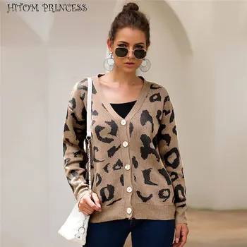 

HITOM PRINCESS Vintage Knitted Cardigan Winter Autumn Leopard Sweater Women Coat Single Breasted Jumper Top Female Outerwear