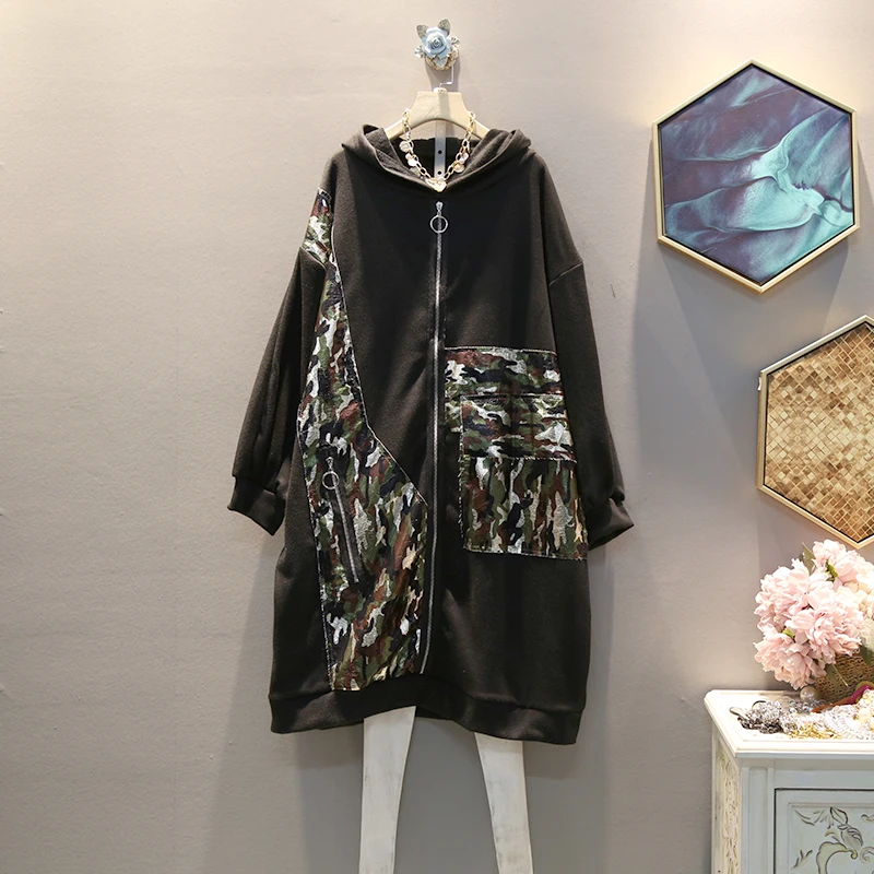 

[EWQ] 2019 Autumn New Pattern Hooded Collar Long Sleeve Camouflage Patchwork Pockets Vintage Loose Dress Women AH61701
