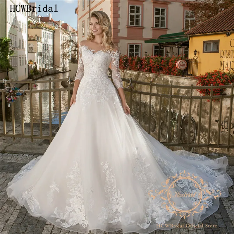 

Vestido De Noiva 2019 New Wedding Dresses 3/4 Sleeve Gorgeous Lace Sweep Train Princess Arabic Bride Dress Custom Made