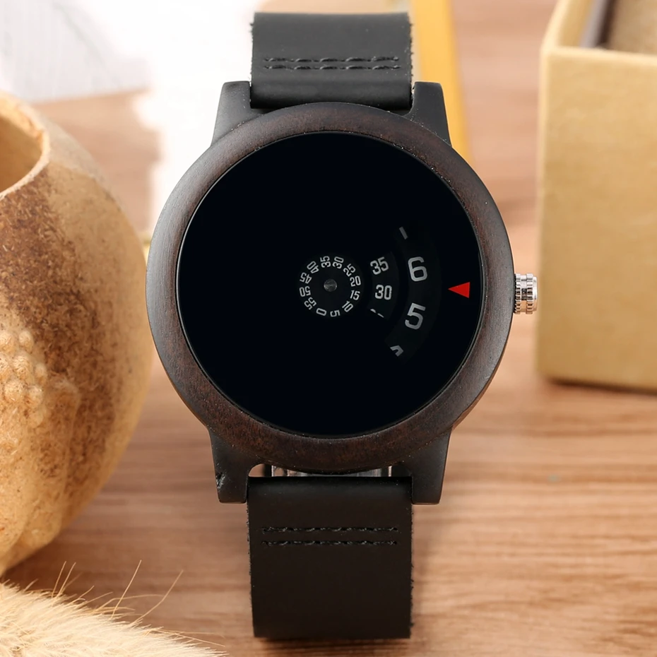 

Vogue Turntable Fan-shaped Dial Wood Watch Men's Soft Leather Band Male Wrist Hour Unique Art Unisex Clock for Men Women reloj