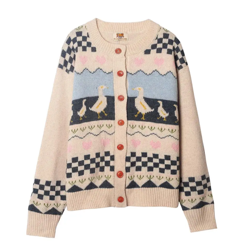 

Vintage Japan Style Women Sweat Cardigan Coat Wool Sweater Autumn Winter Loose Knit Jumper Outwear Cartoon Duckling Jacquard