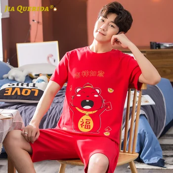 

New Cartoon Printing Red Crew Neck Pajamas Set Homesuit Homeclothes Fashion Style Short Sleeve Short Pants Sleepwear 4XL 5XL
