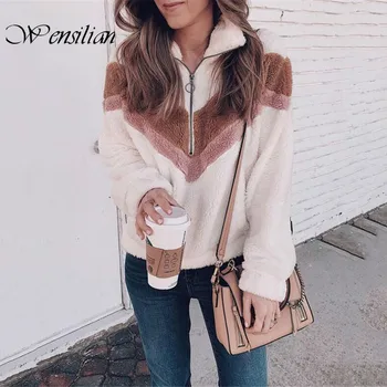 

Patchwork Sweatshirt Women Tops Turn-down Collar Pullovers Casual Women Sweatshirts Pocket Streetwear with Zipper Sudadera Mujer