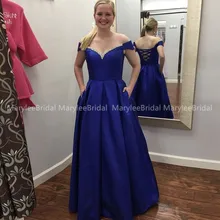 Бальное платье Королевского синего цвета, платье для выпускного вечера с карманами, новинка, с открытыми плечами, шикарные, с бусинами, со шнуровкой сзади, Формальные Вечерние платья