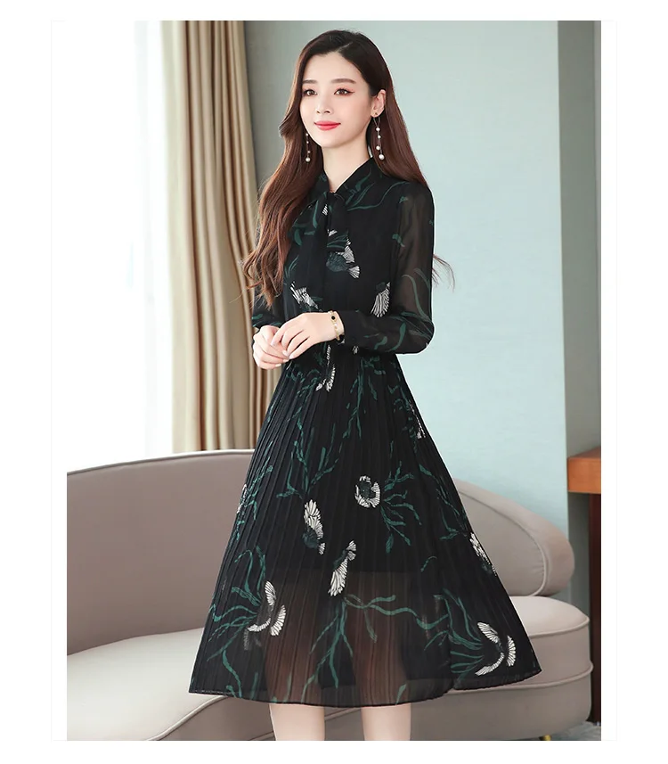 Femal Vintage Black Chiffon Midi Pleated Dresses Autumn Winter Print Long Sleeve Dress Elegant Women Bodycon Party Vestidos