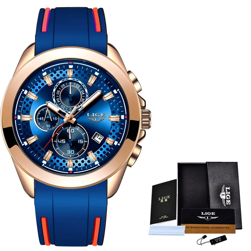Relogio LIGE Новые многофункциональные спортивные часы мужские водонепроницаемые часы мужские военные силикагель наручные мужские часы reloj hombre - Цвет: Rose gold blue